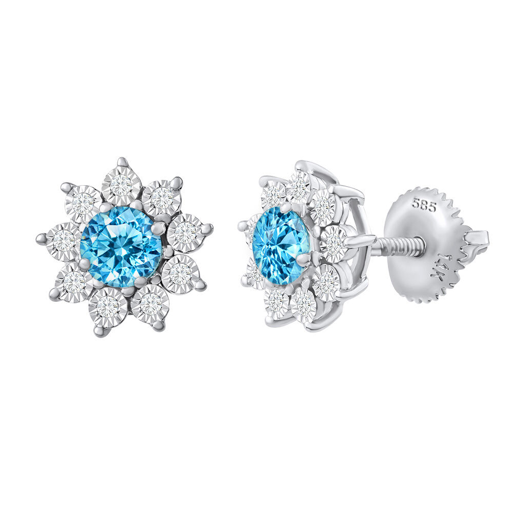 SILVEGO Diamantové náušnice pecky Scala z bílého zlata s přírodním Swiss Blue topazem a diamanty 0,09 ct DNN4352EGWSBTD