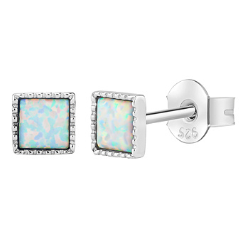 Ohrstecker viereckig aus Silber 925 mit synthetischem weißem Opal