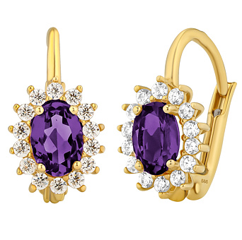 Zlaté náušnice Keegan ze žlutého zlata s přírodním ametystem a Brilliance Zirconia
