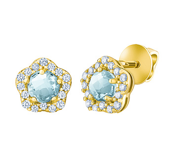 Zlaté náušnice pecky Iria ze žlutého zlata s přírodním Swiss Blue Topazem a Brilliance Zirconia