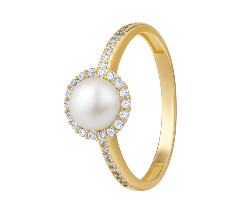 Perlenring aus Gelbgold Kehlani mit weißer Naturperle und Brilliance Zirconia