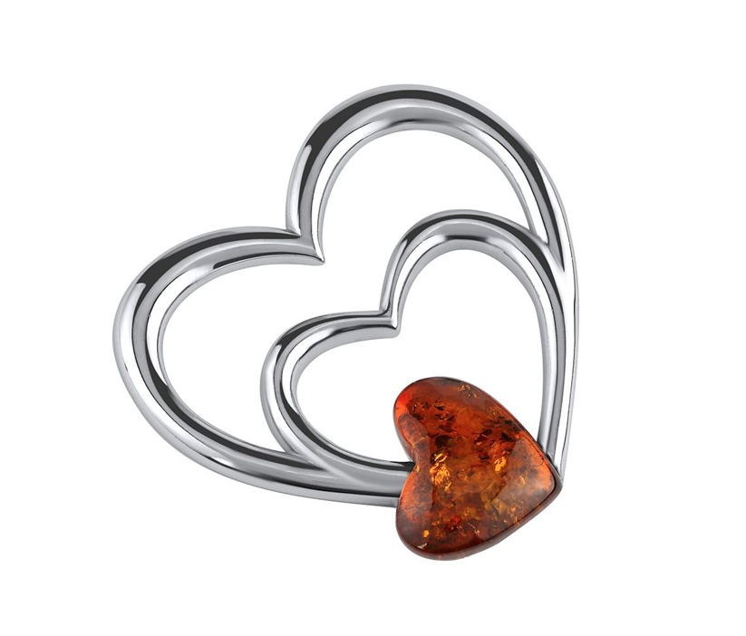 Stříbrný přívěsek dvojité srdce s jantarovým srdcem Viena