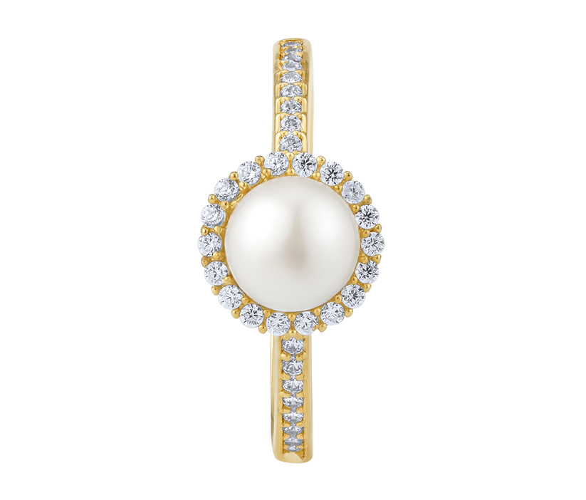 Perlenring aus Gelbgold Kehlani mit weißer Naturperle und Brilliance Zirconia