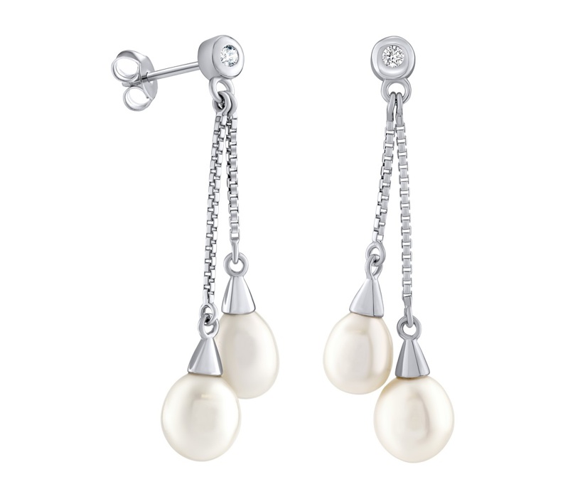Strieborné náušnice retiazkové s bielou prírodnou perlou