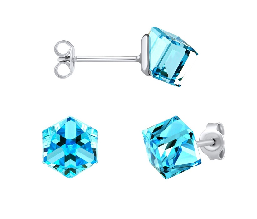 Stříbrné náušnice kostky Swarovski® Crystals 6 mm Aquamarine