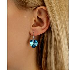 Strieborné náušnice SRDCE 14mm so Swarovski® Crystals - modrá Bermuda Blue